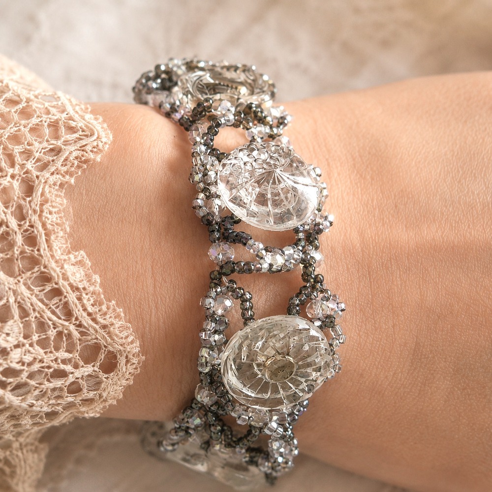 Artisan Vintage Button Bracelet Repurposed Antique Glass Buttons Beaded OOAK